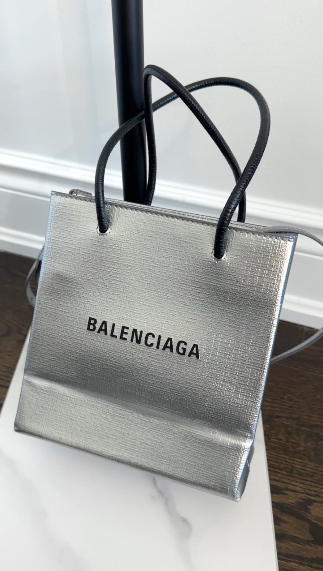 Balenciaga Silver Logo Shopping XXS North South Bag
