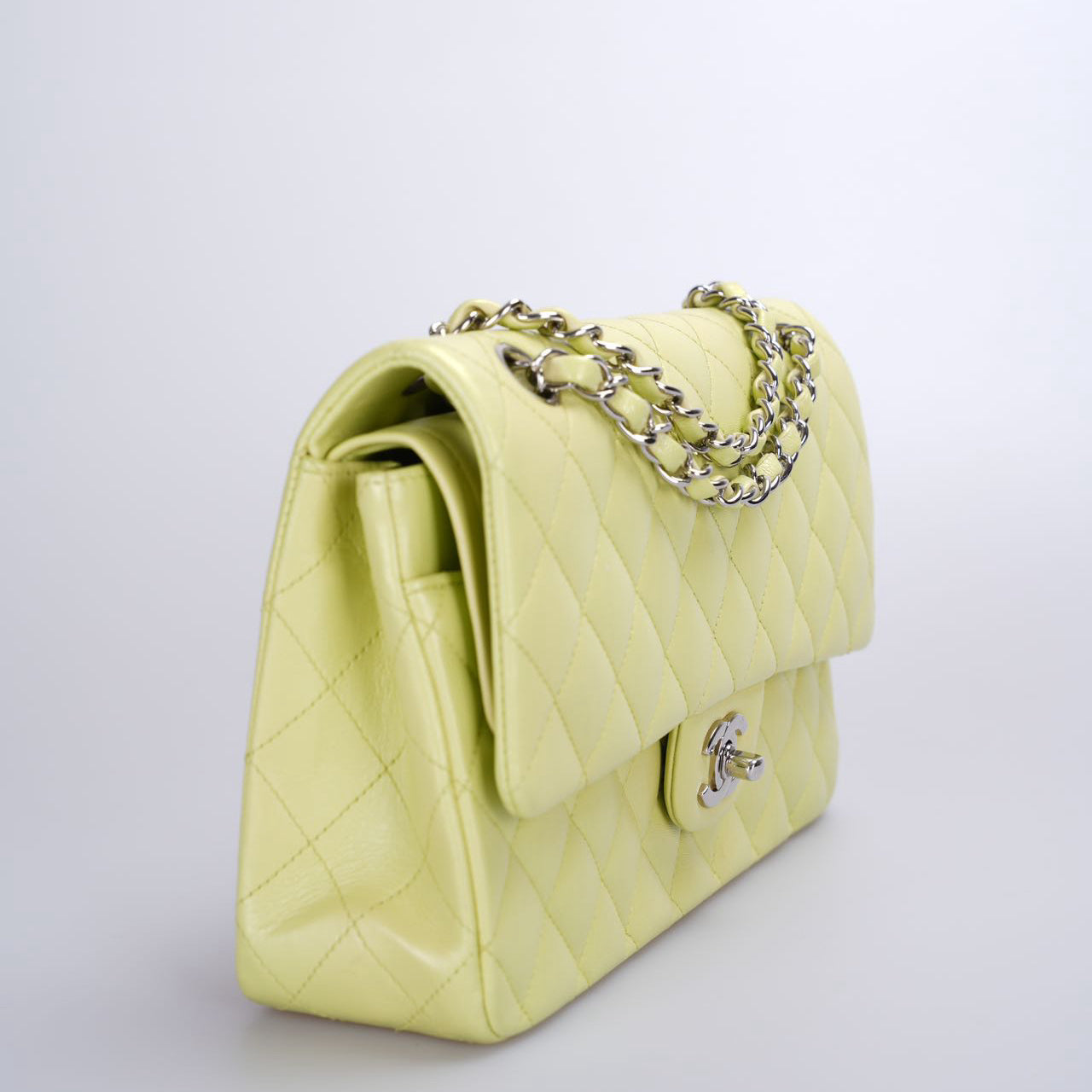 Chanel Medium Classic Double Flap Bag In Pastel Butter Yellow Color With Silver Hardware
