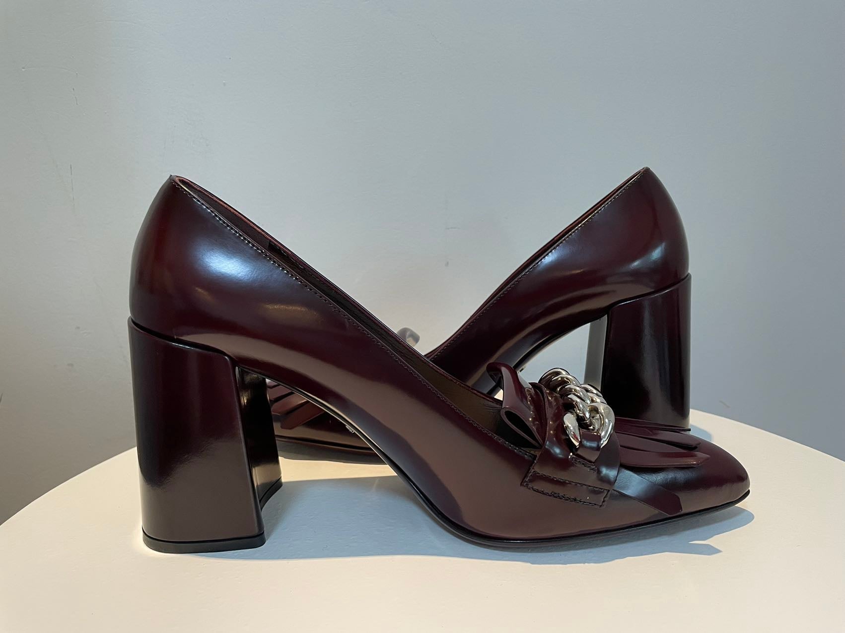 Prada Merlot Kiltie Chain Patent Leather Block-heel Pumps 39