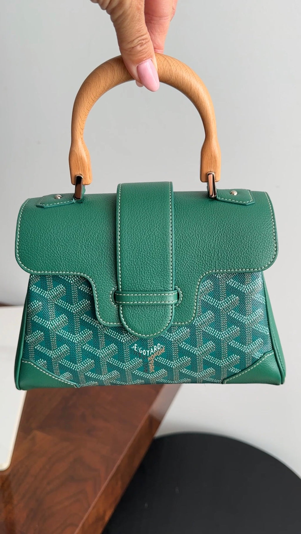 Goyard Green Mini Goyardine Saigon Souple with Wood Handle