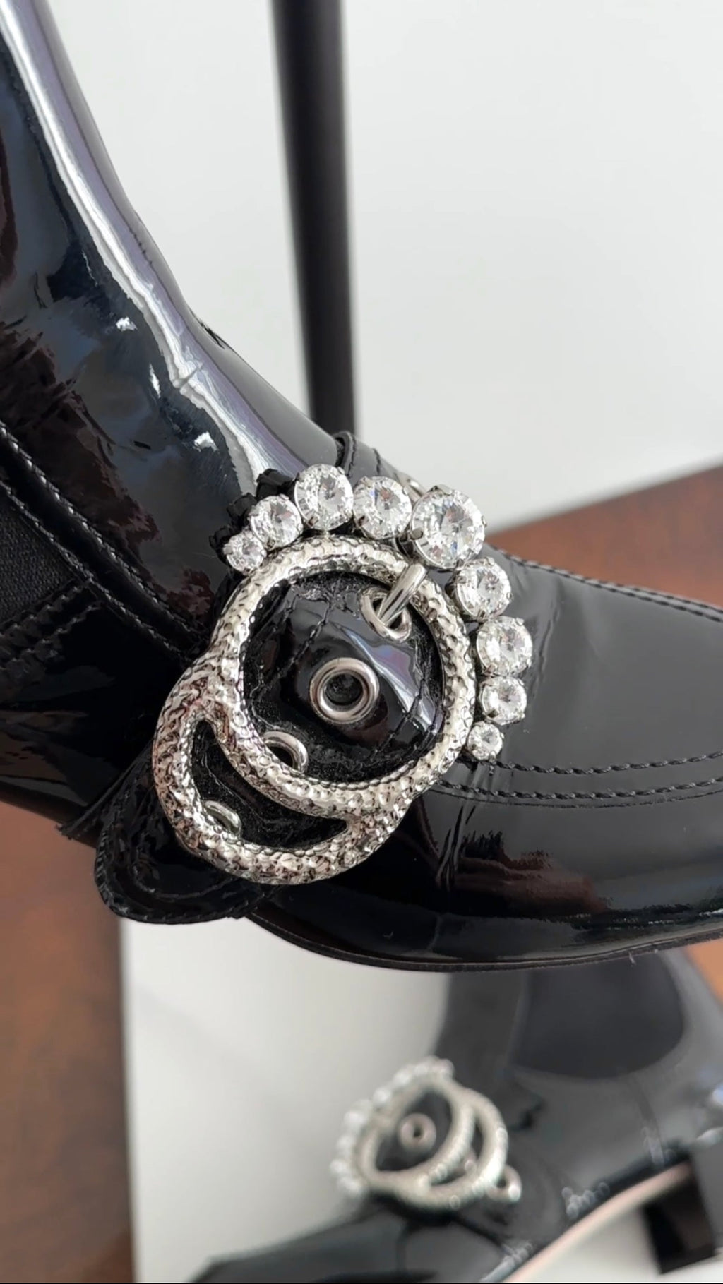 Miu Miu Black Patent Leather Crystal Block Heel Ankle Boots - 37