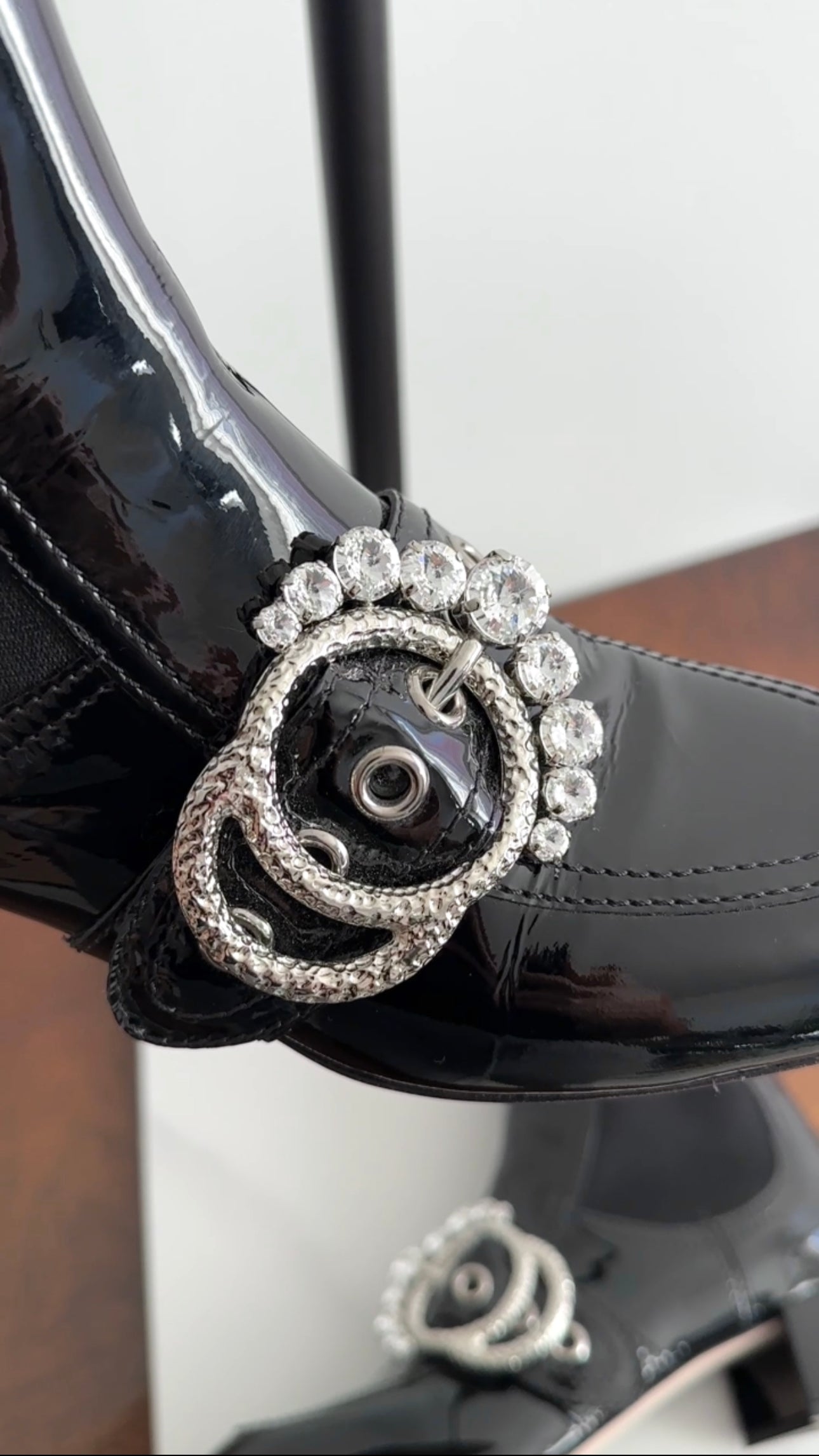 Miu Miu Black Patent Leather Crystal Block Heel Ankle Boots - 37