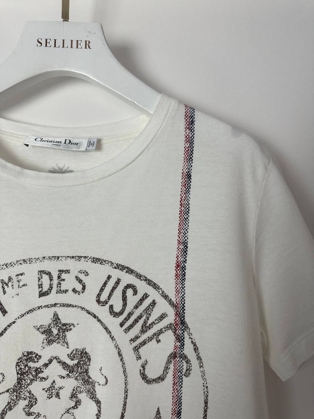 Christian Dior "St Anne Des Usines" White T-Shirt with Stripe and Logo Detail FR 36 (UK 8)