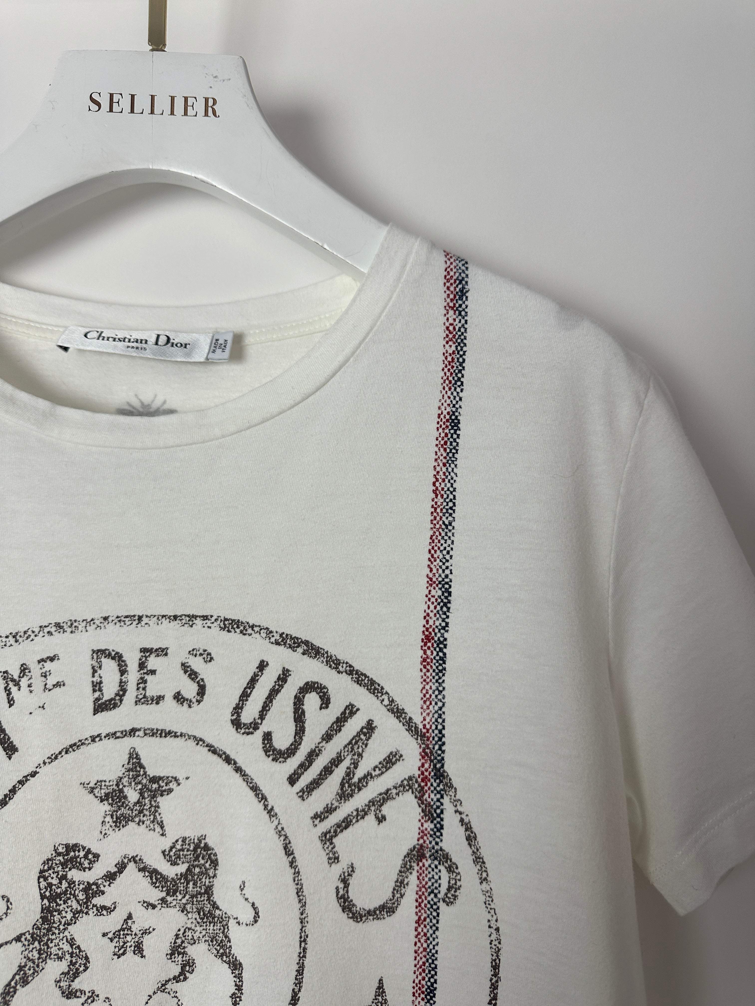 Christian Dior "St Anne Des Usines" White T-Shirt with Stripe and Logo Detail FR 36 (UK 8)