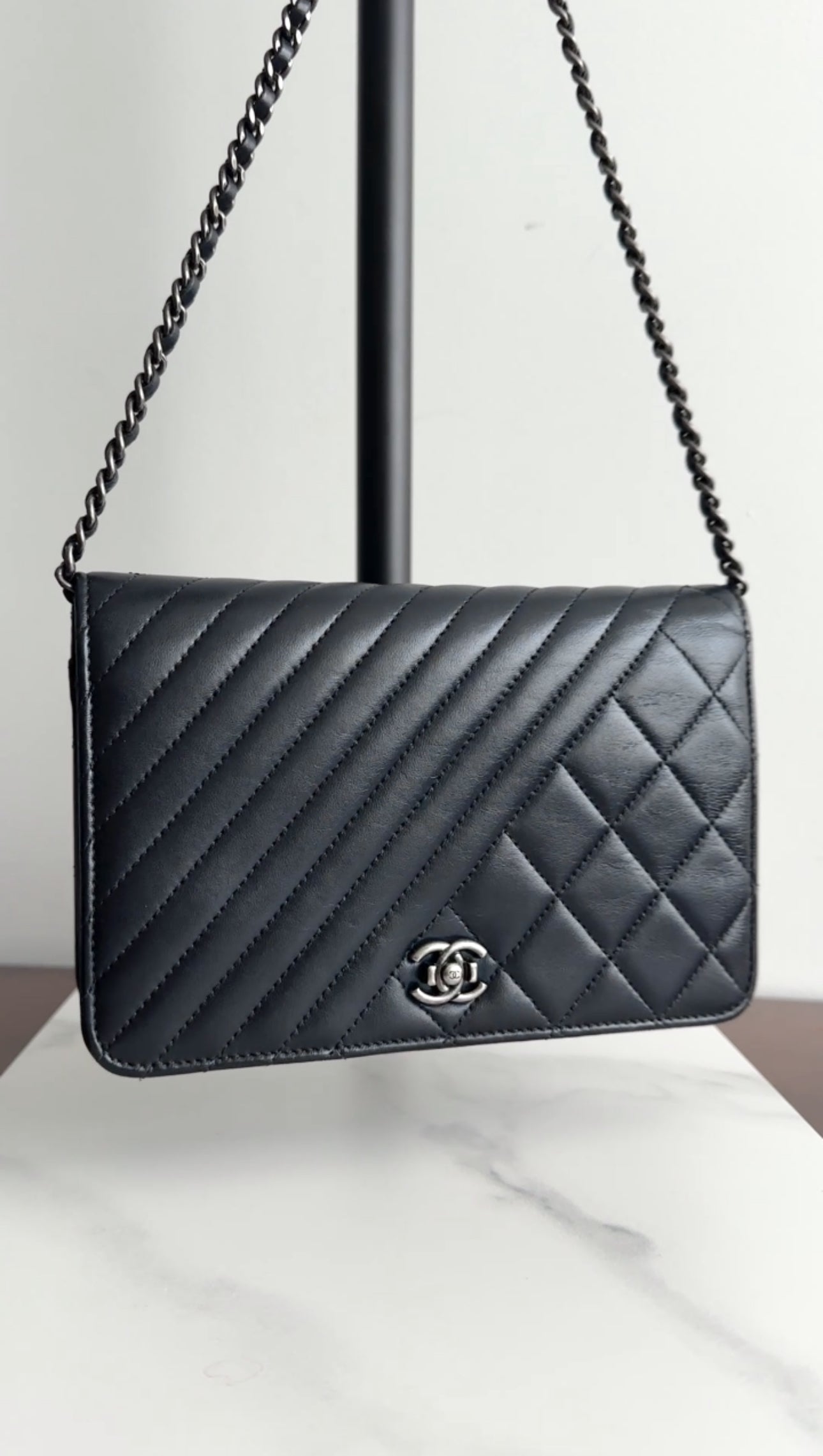 Chanel Coco Boy Black Leather Quilted Wallet on Chain