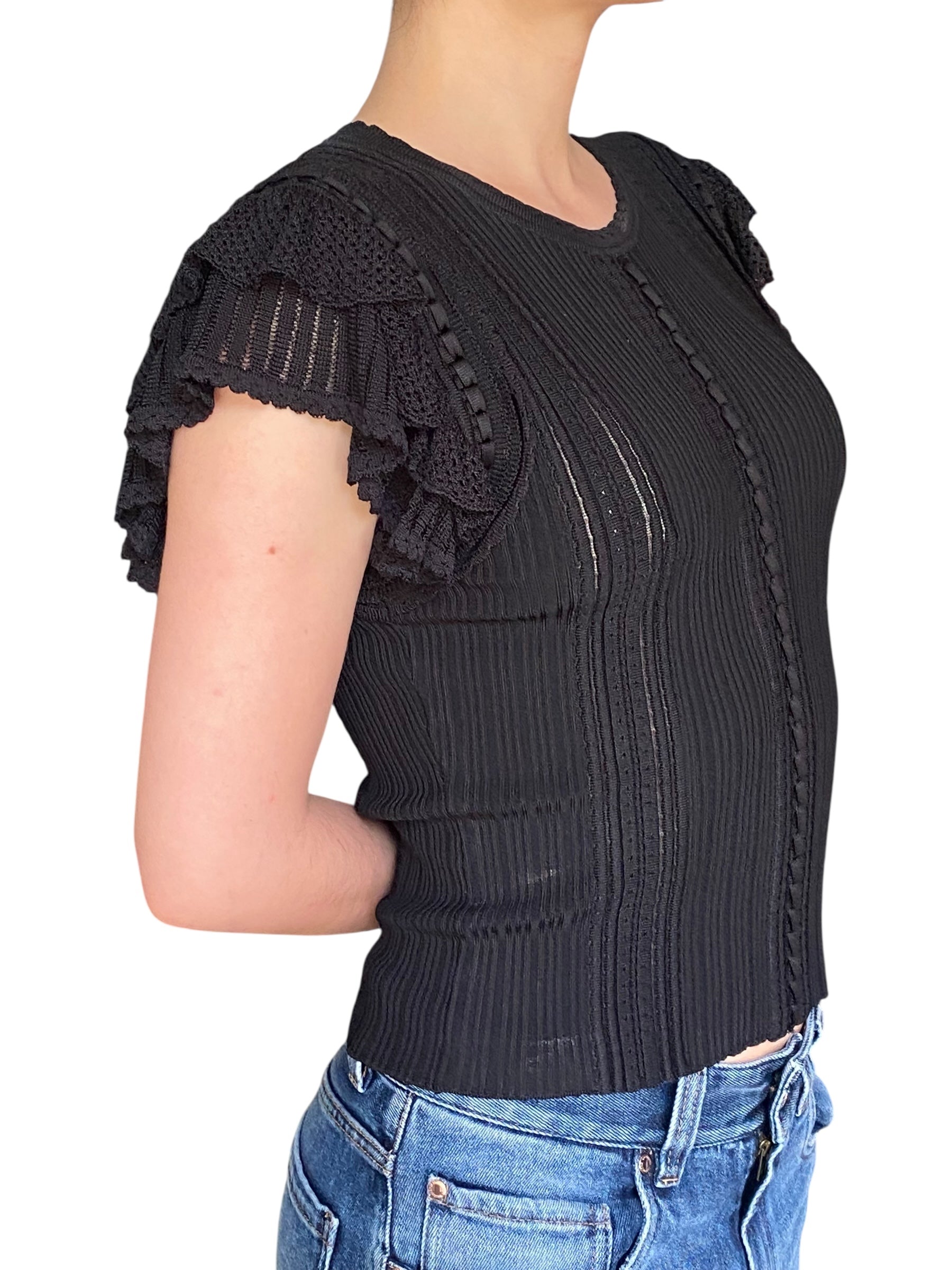Ulla Johnson Black Knit Ribbed Ruffle Top - S