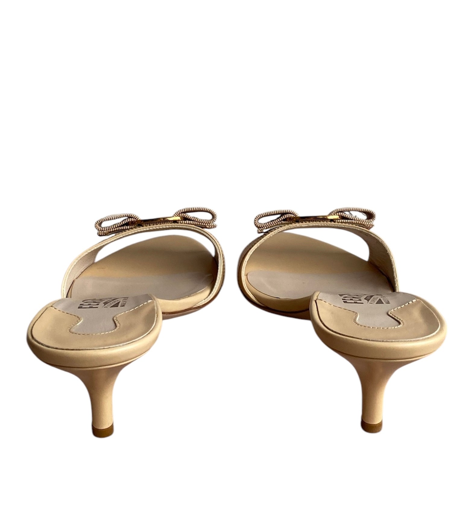 Ferragamo Beige Bow Logo Mules.