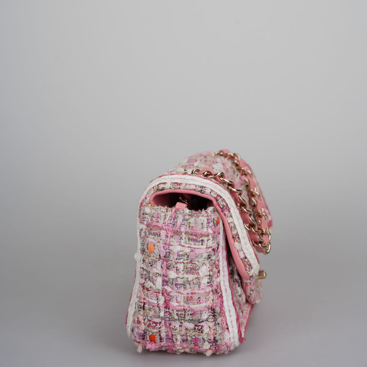 Chanel Tweed Classic Mini Flap Rectangle Bag in White and Pink with Gold Hardware