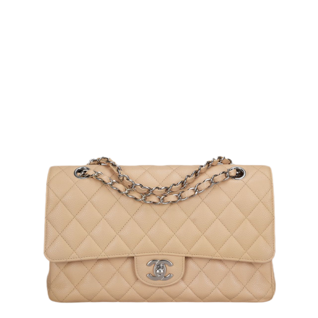 Chanel Beige Classic Double Flap Bag Medium in Quilted Caviar Leather with Silver Hardware