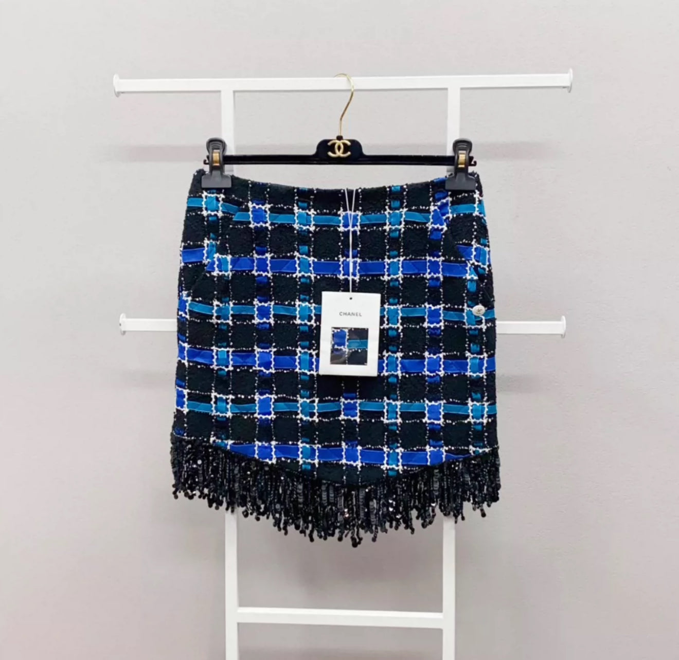 Chanel 22C Black, Blue, Turquoise & white Embroidered Tweed Skirt