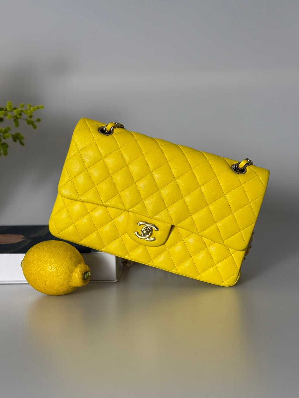 Chanel Yellow Classic Double Flap Bag Medium in Lambskin Leather with Silver Hardware