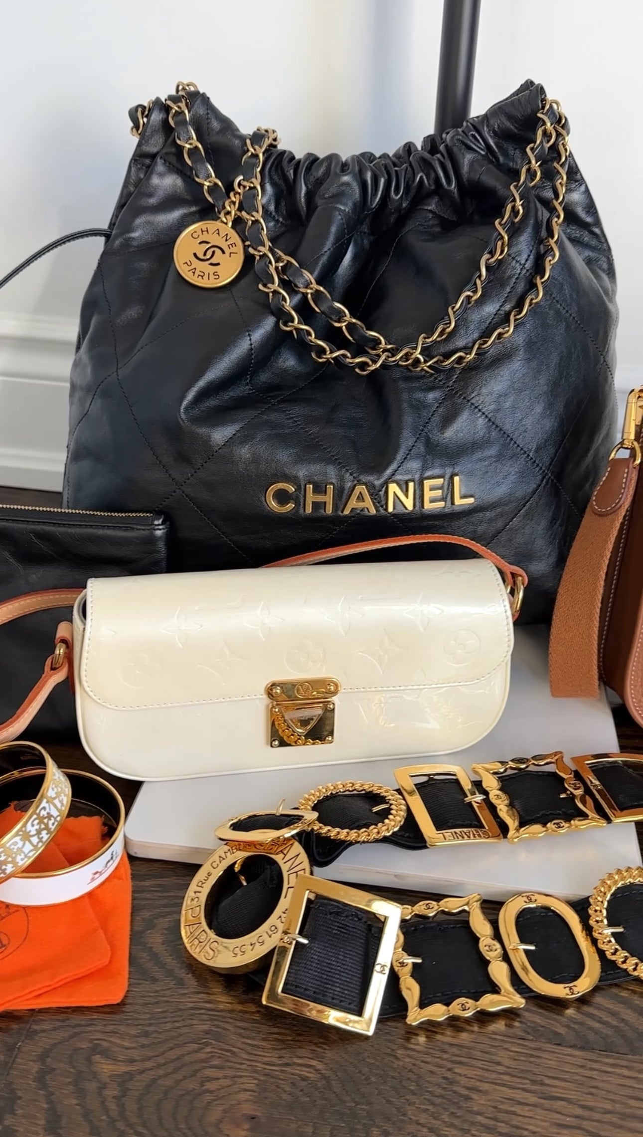 Chanel 22 Black Glossed Leather Large Chain Bag