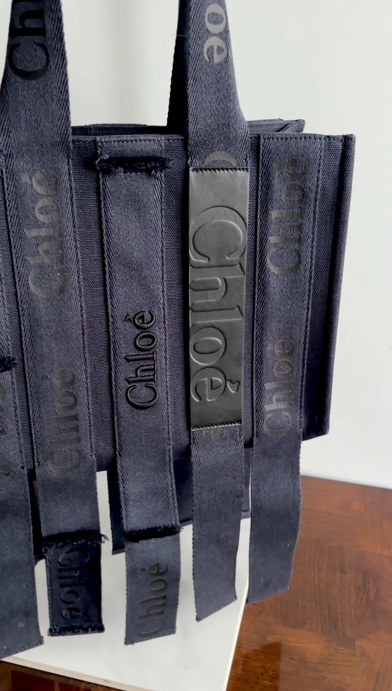 Chloe Navy Woody Medium Fringe Tote Bag