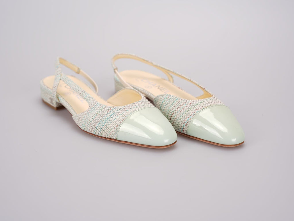 Chanel Light Green Tweed Slingback Patent Cap Toe Ballerinas 36