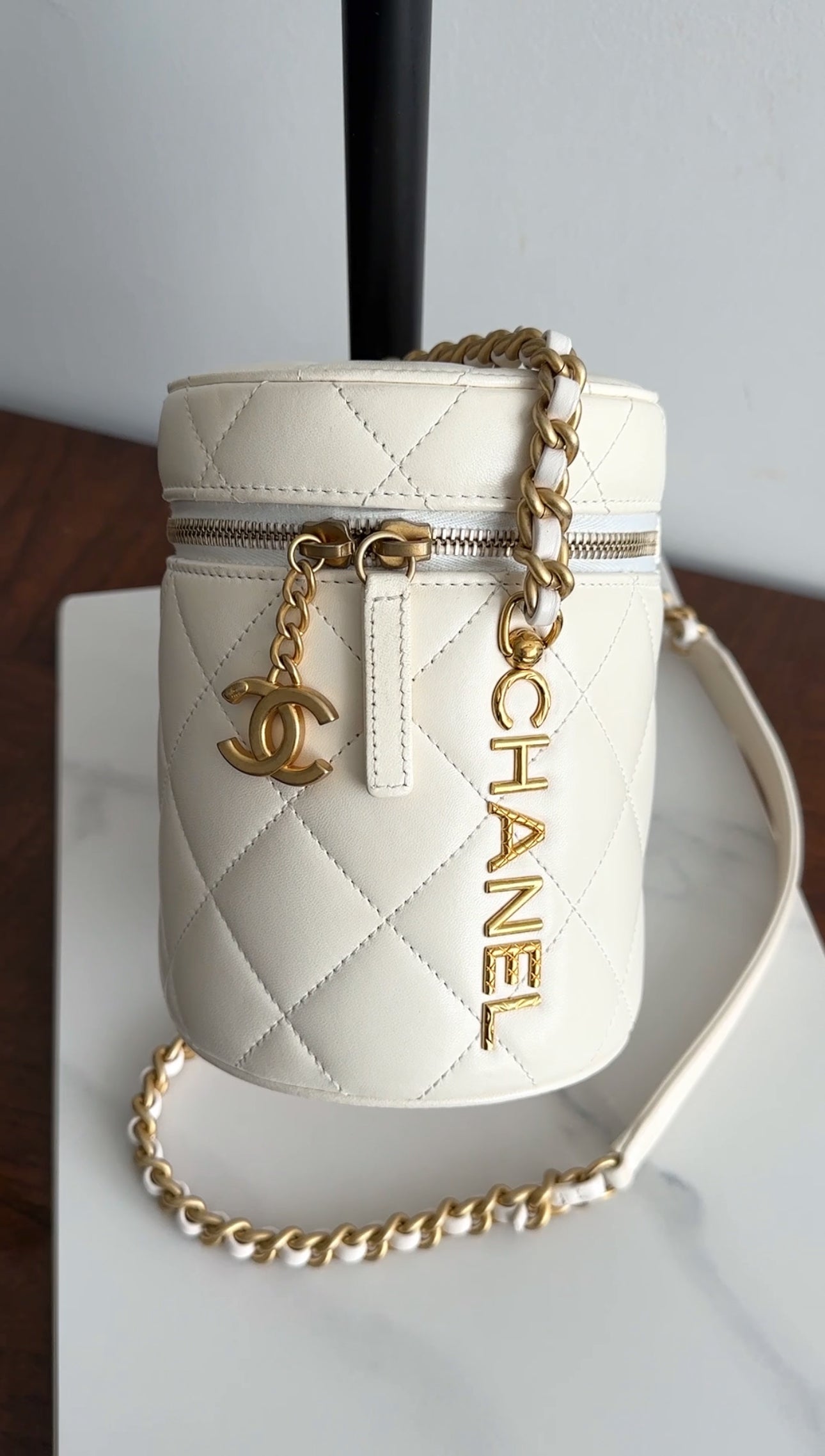 Chanel White Quilted Leather Side Note Vanity Bag