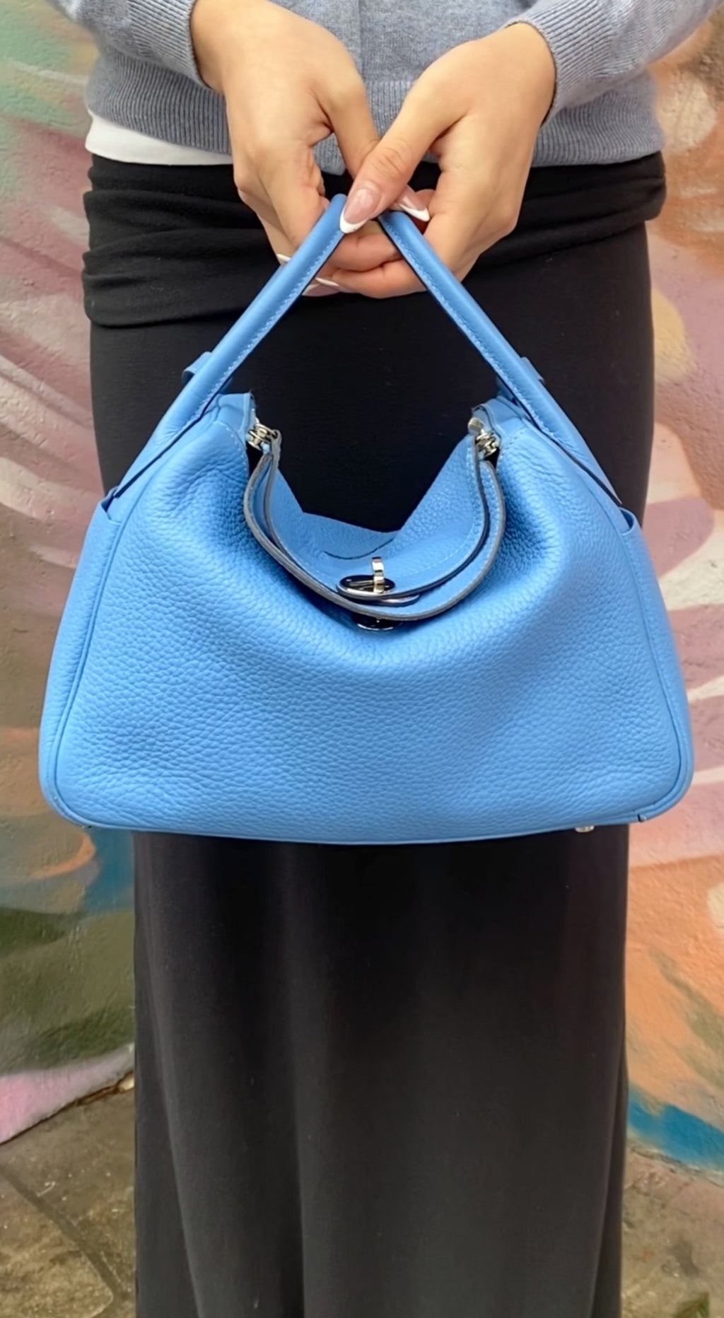 Hermes Blue Jean Clemence Leather Lindy 30 Bag PHW