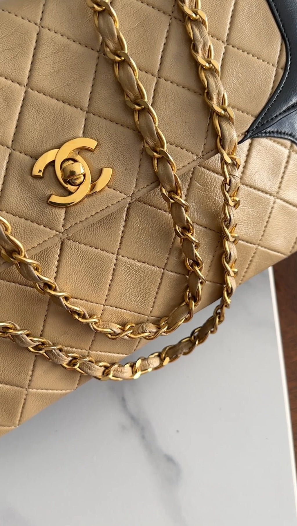 Chanel Vintage 1989 Beige and Black Two-Tone Medium Flap Bag