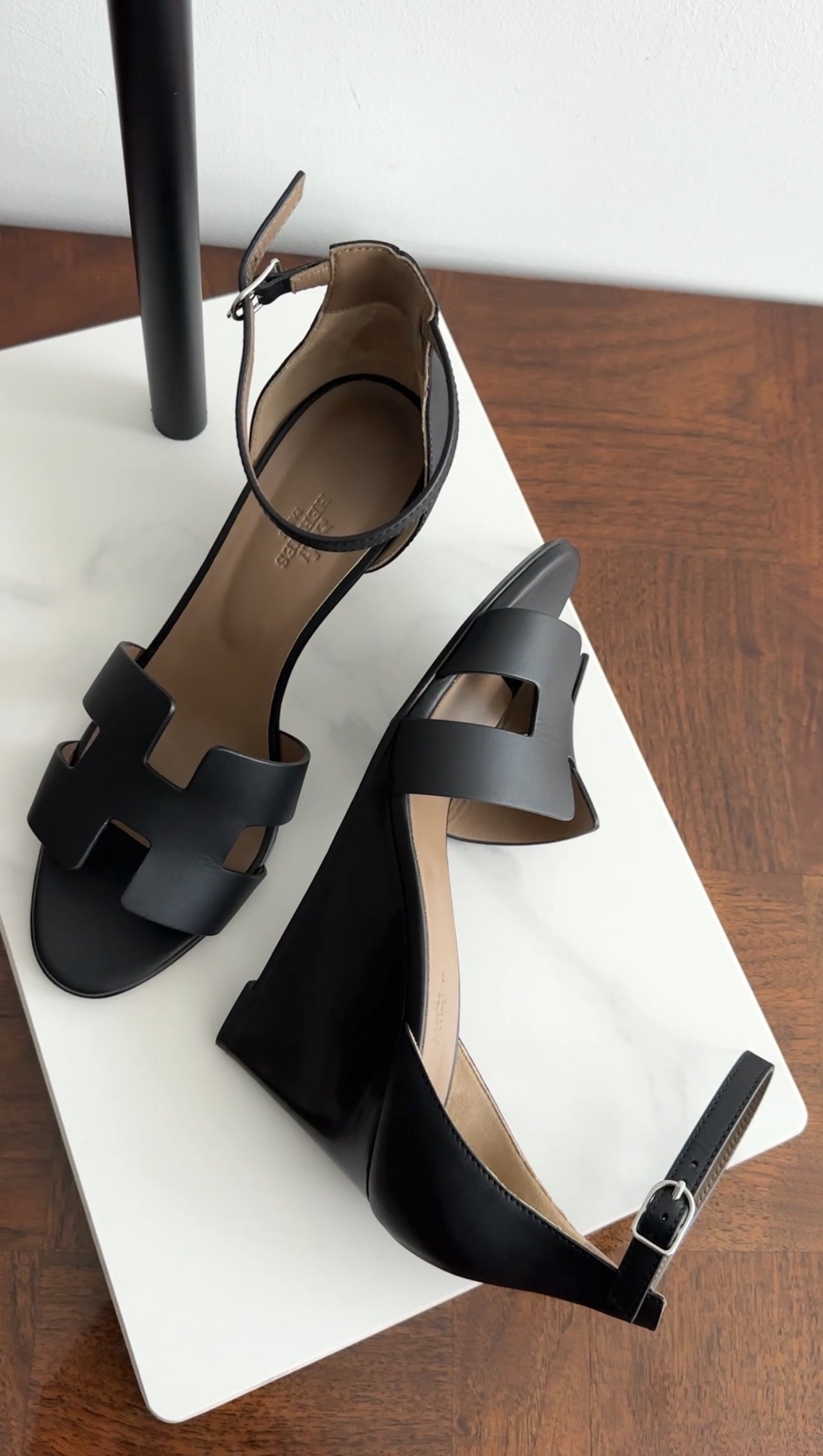 Hermes Black Leather H Legend Wedge Ankle Strap Sandals - 38