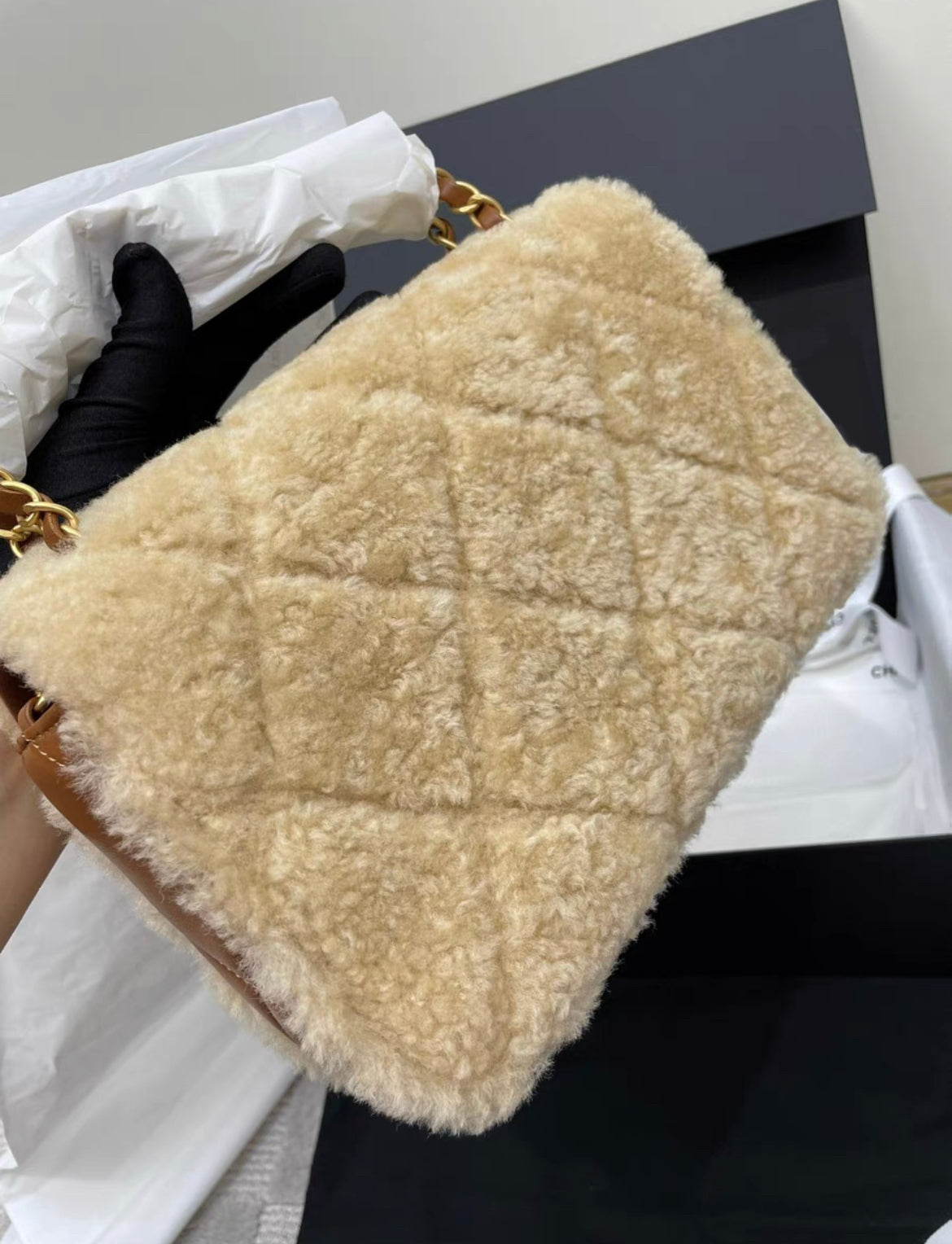 Chanel 24 FLAP BAG Shearling Lambskin & Gold-Tone Metal Beige & Brown