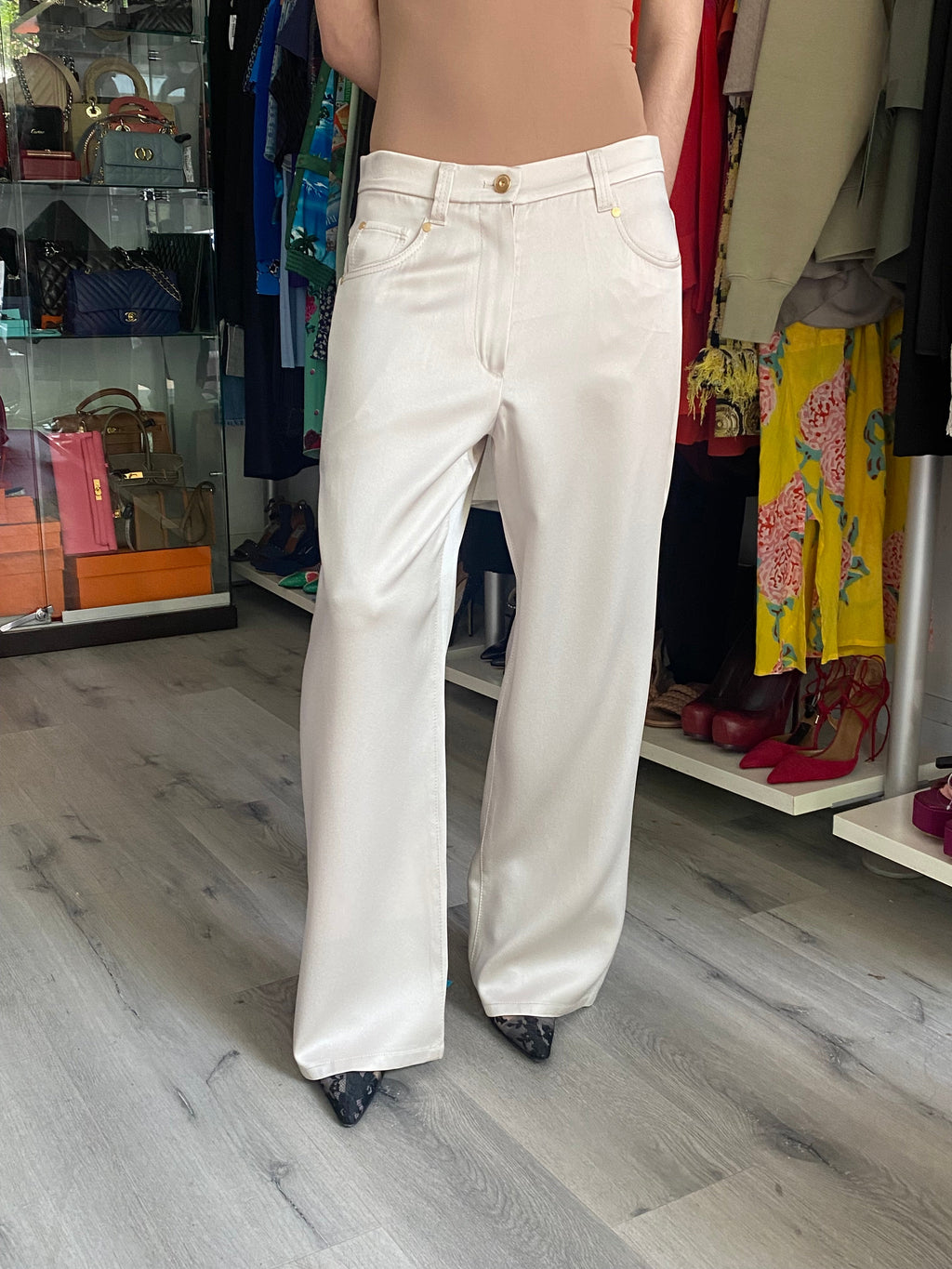 Brunello Cucinelli Ecru Satin Wide Leg Trousers - IT 42 / US 6