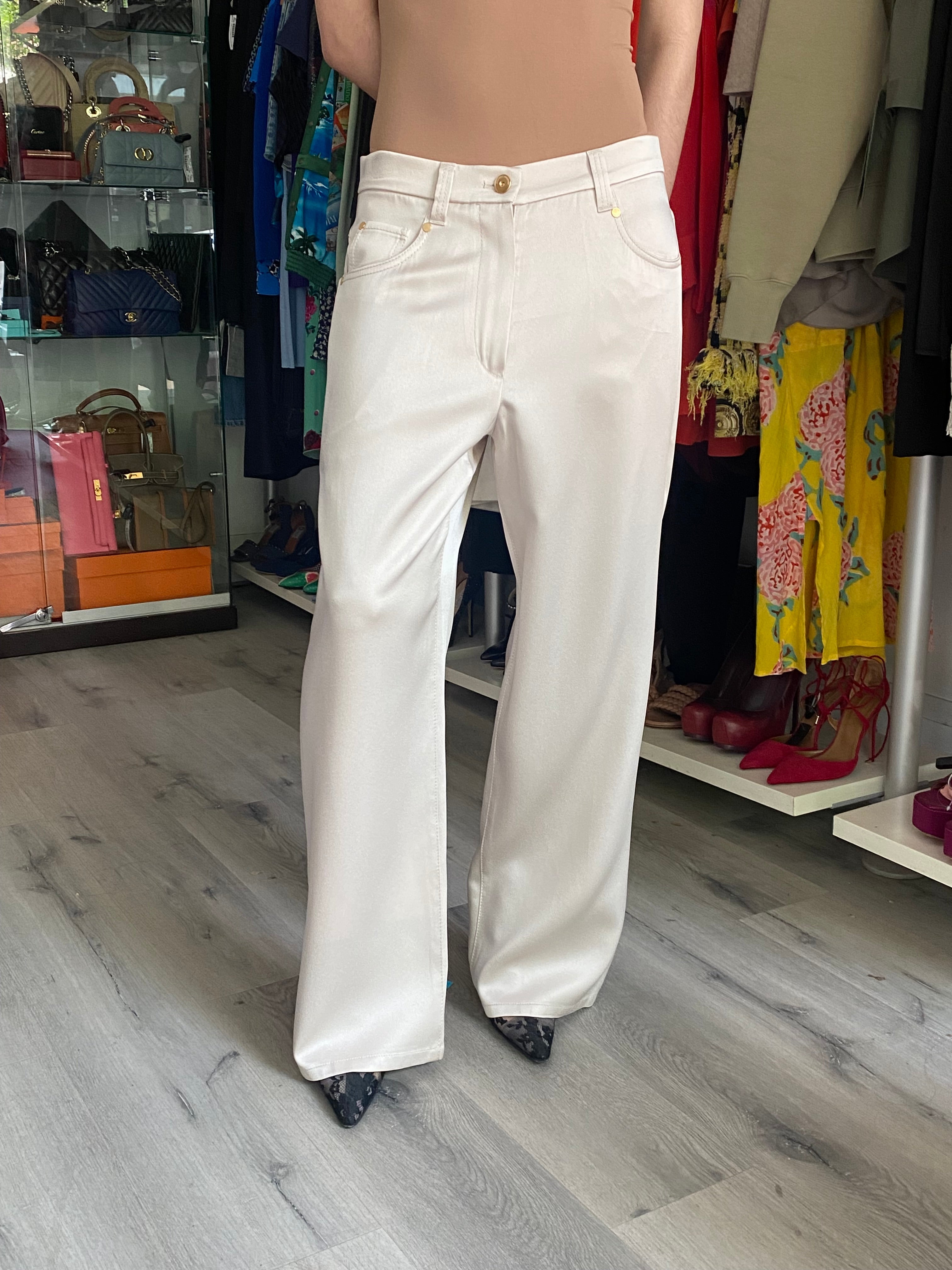 Brunello Cucinelli Ecru Satin Wide Leg Trousers - IT 42 / US 6
