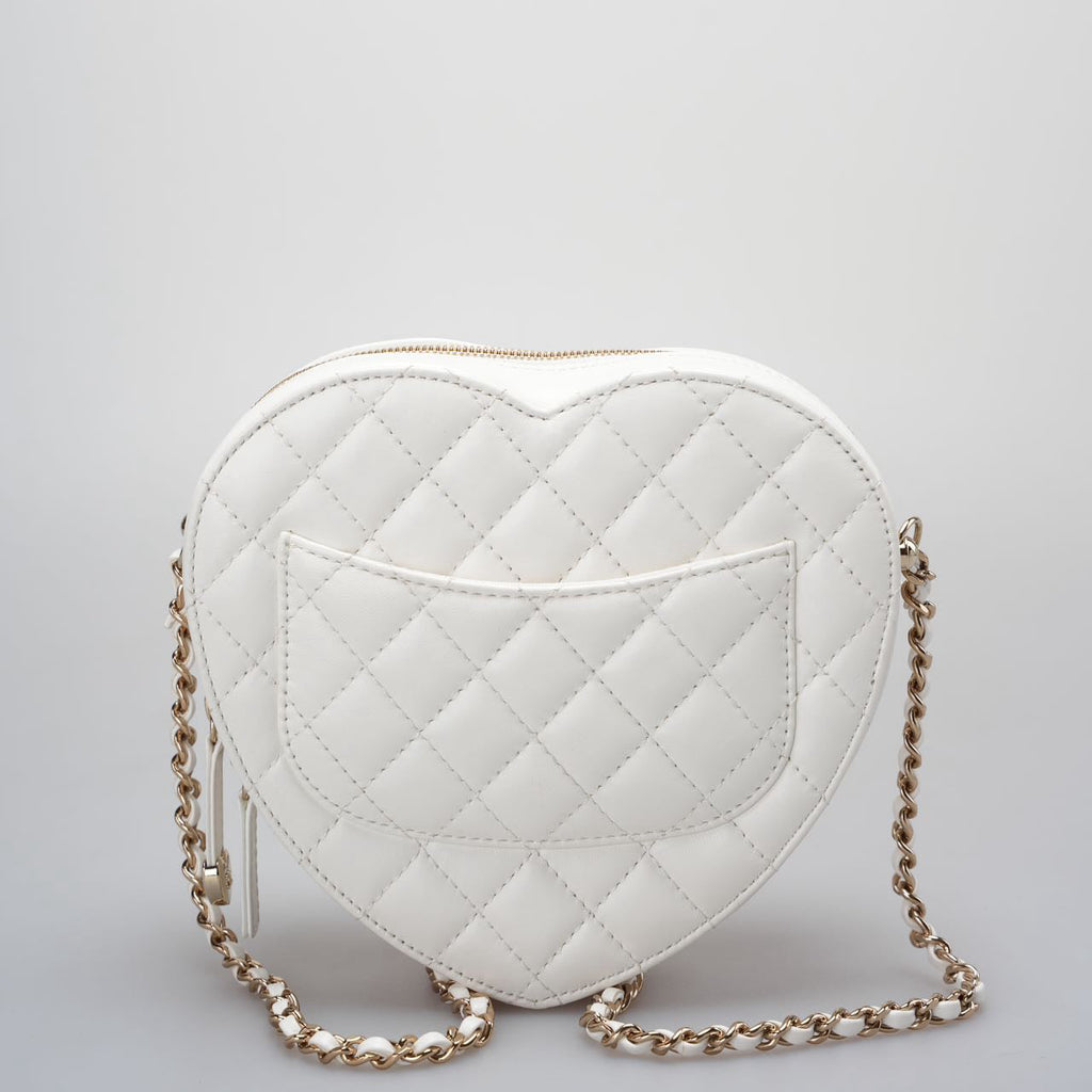 Chanel Big Heart Bag CC in Love Heart Clutch Large Size in White with Champagne Gold Hardware