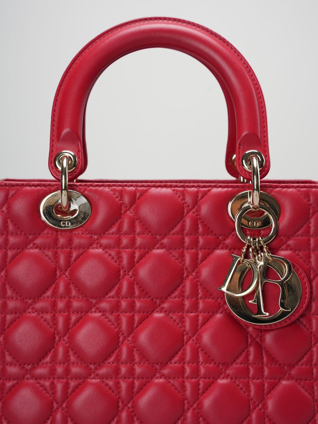 Christian Dior Red Medium Lady Dior Bag in Cannage Lambskin Leather with Gold Hardware