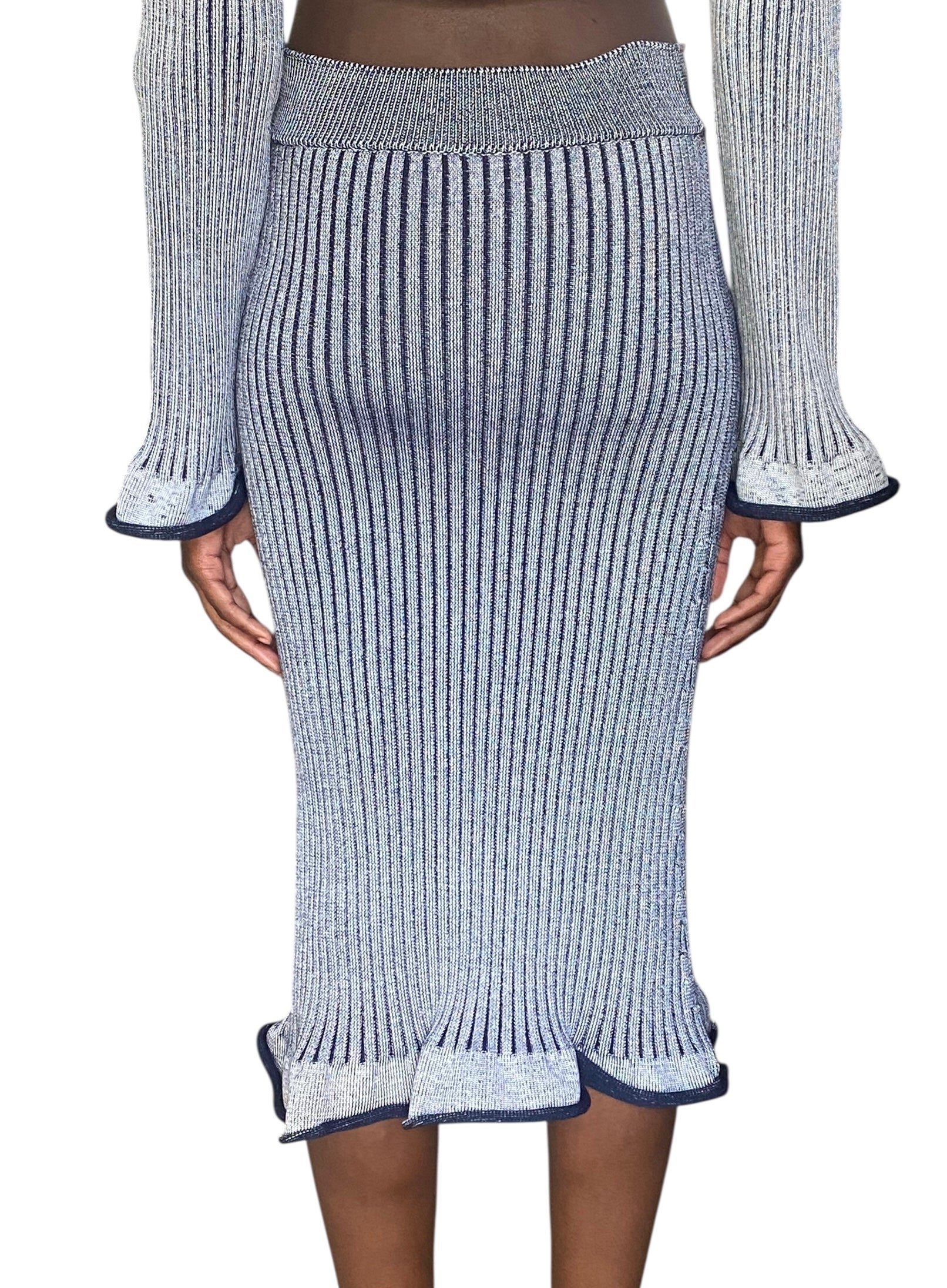 Louis Vuitton 2015 Navy Ribbed Knit Keyhole Sweater Skirt Set - M / US 6