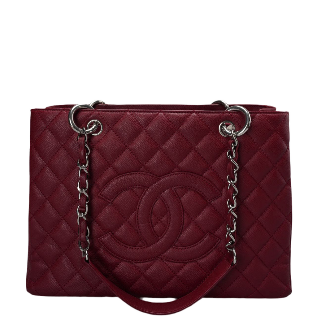 Chanel Burgundy gst Grand Shopping Tote Bag in caviar Leather with Silver Hardware