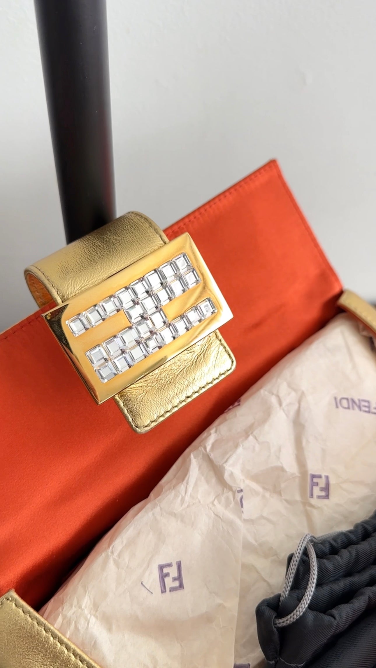 Fendi Vintage Late 1990's Gold Leather Crystal Baguette Box Bag