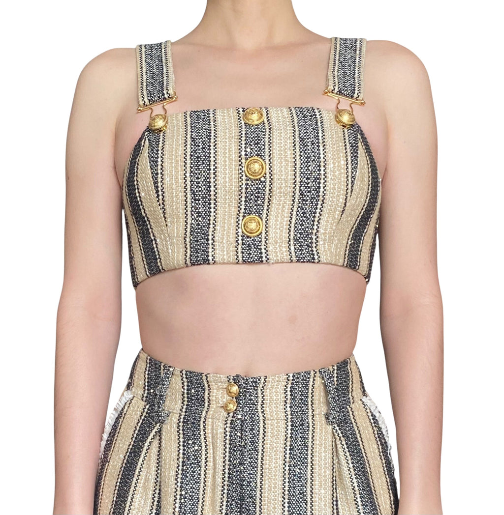 Balmain Raffia Stripe Button Crop Top - 36 / XS