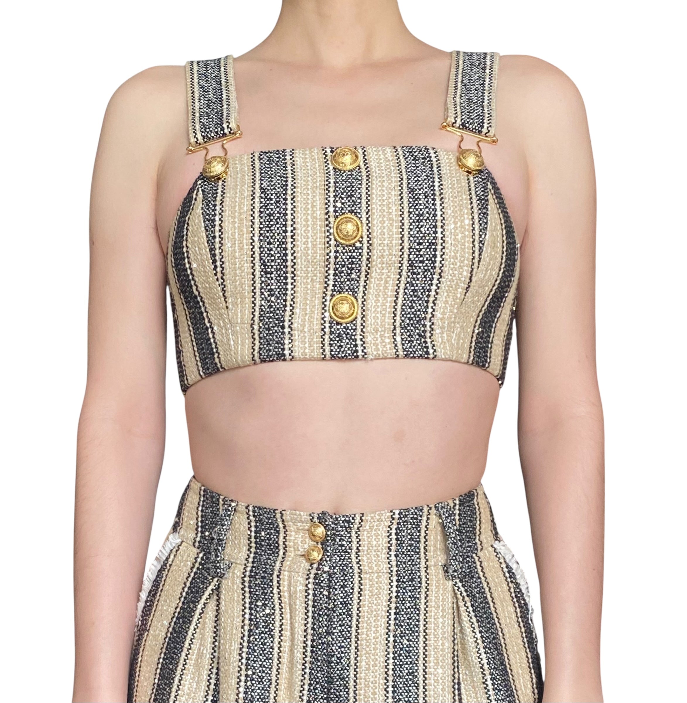 Balmain Raffia Stripe Button Crop Top - 36 / XS
