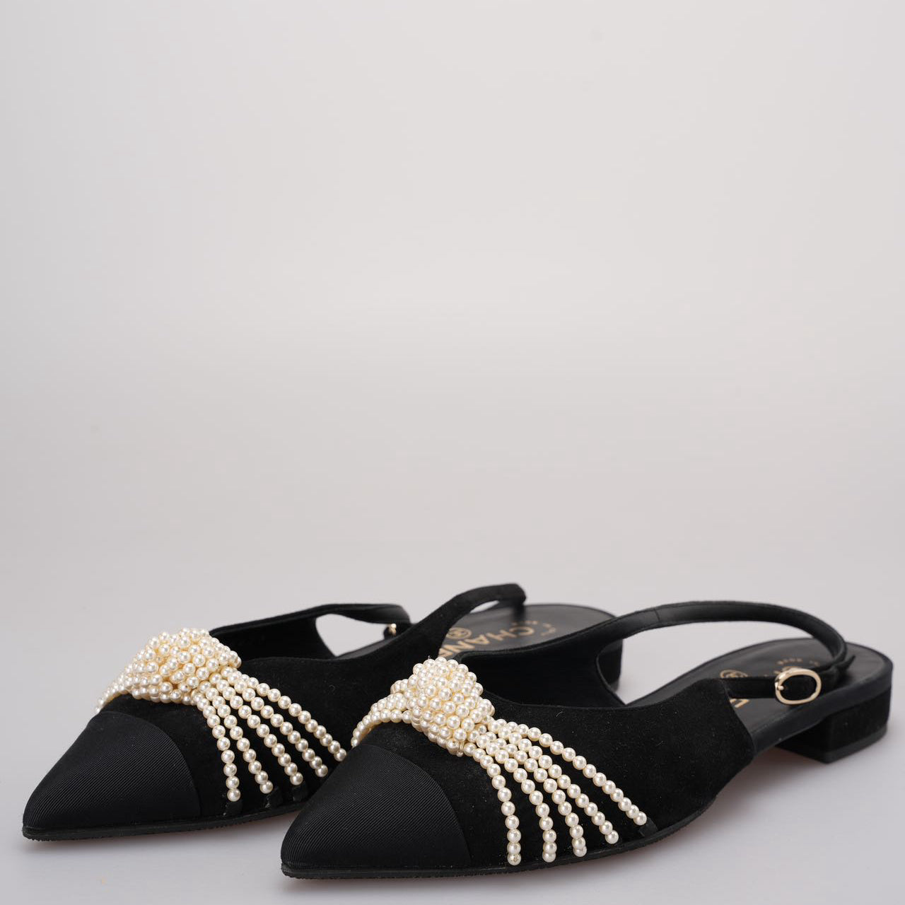 Chanel Slingback Satin Pearl Flats Black Size 37.5