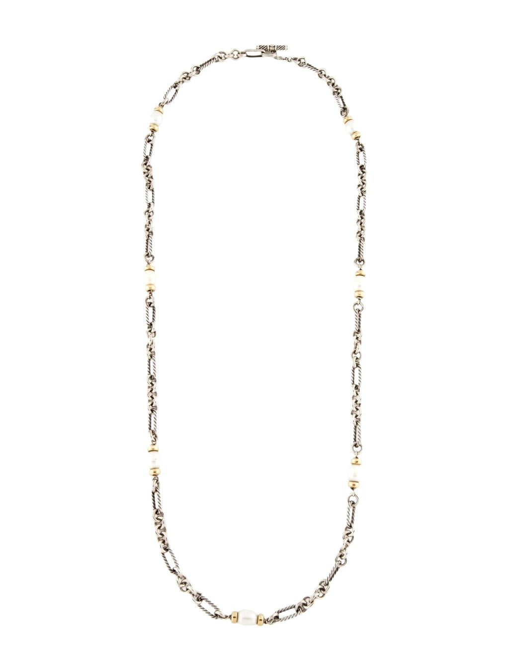 DY STERLING SILVER 18K GOLD PEARL FIGARO CHAIN NECKLACE