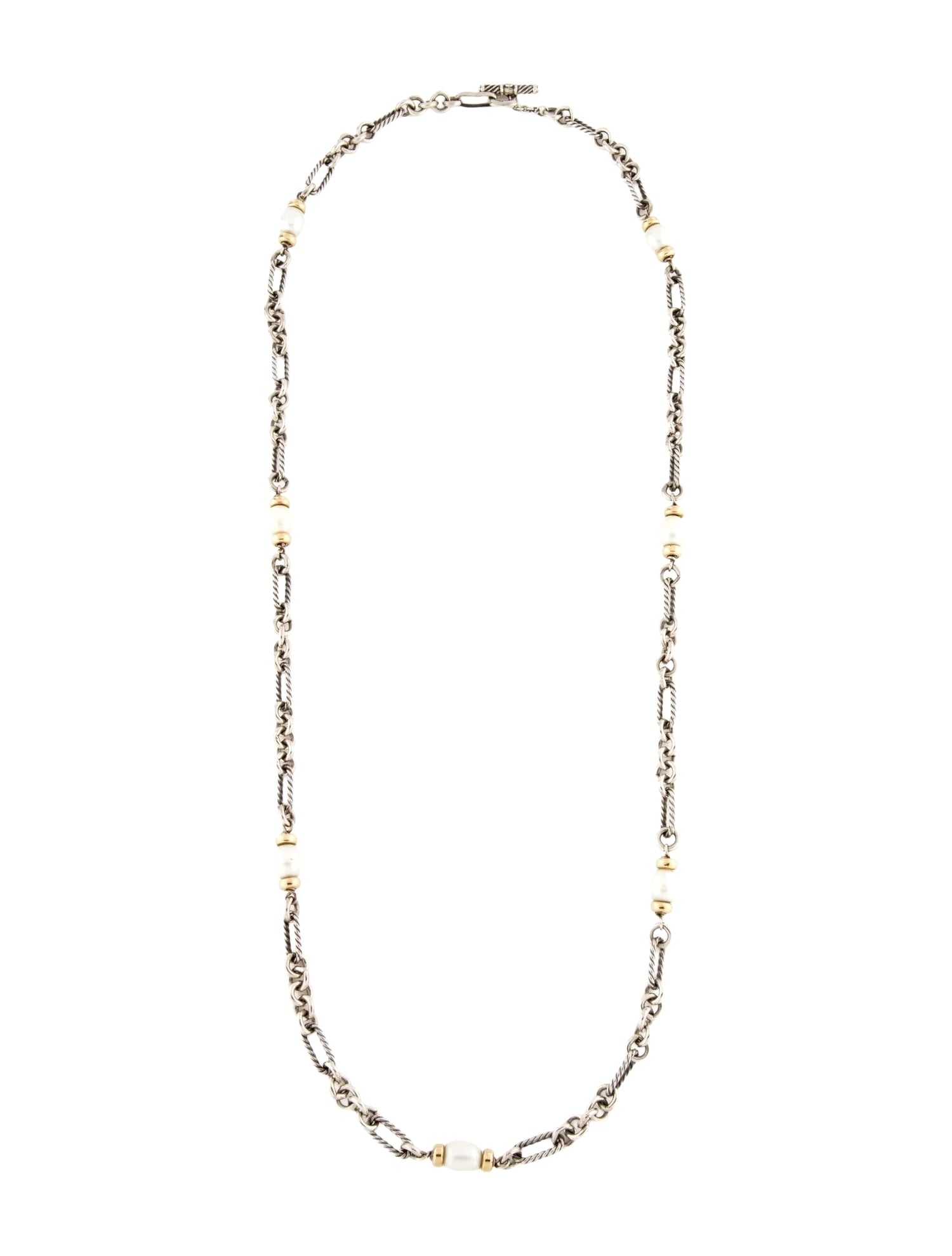 DY STERLING SILVER 18K GOLD PEARL FIGARO CHAIN NECKLACE