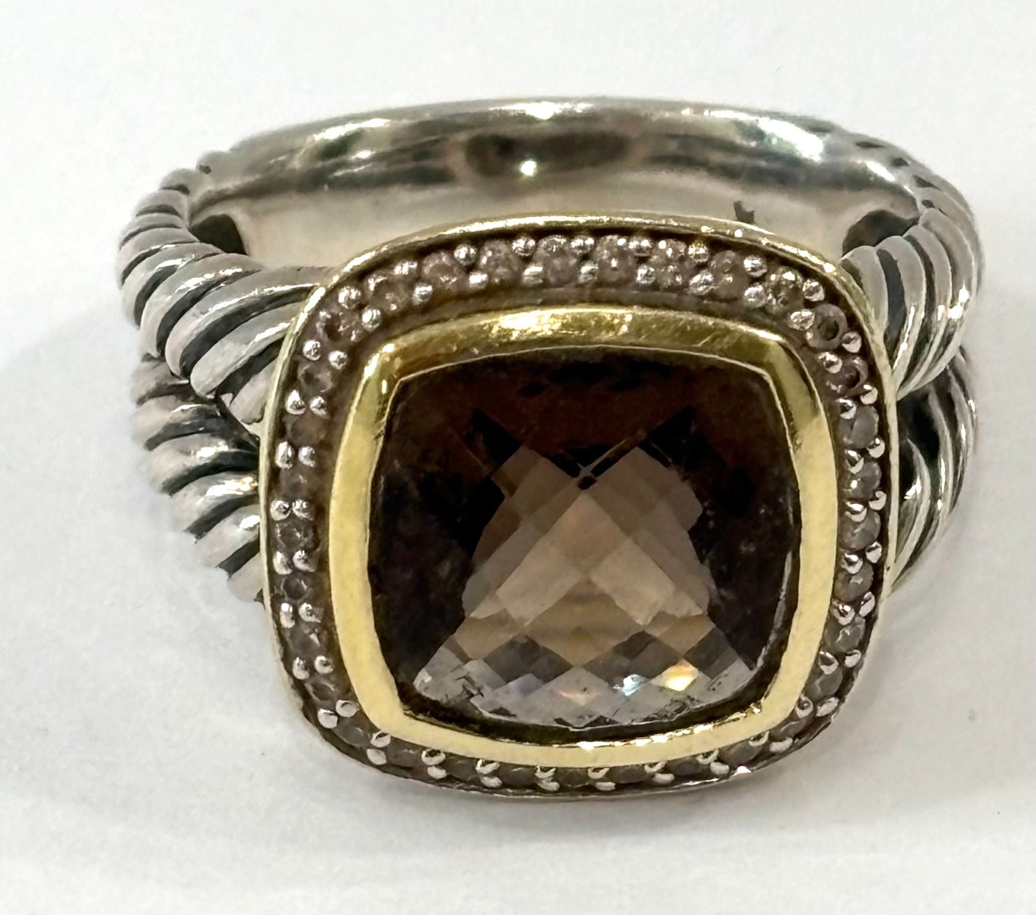 DY STERLING SILVER 18K GOLD SMOKY QUARTZ & DIAMOND ALBION RING