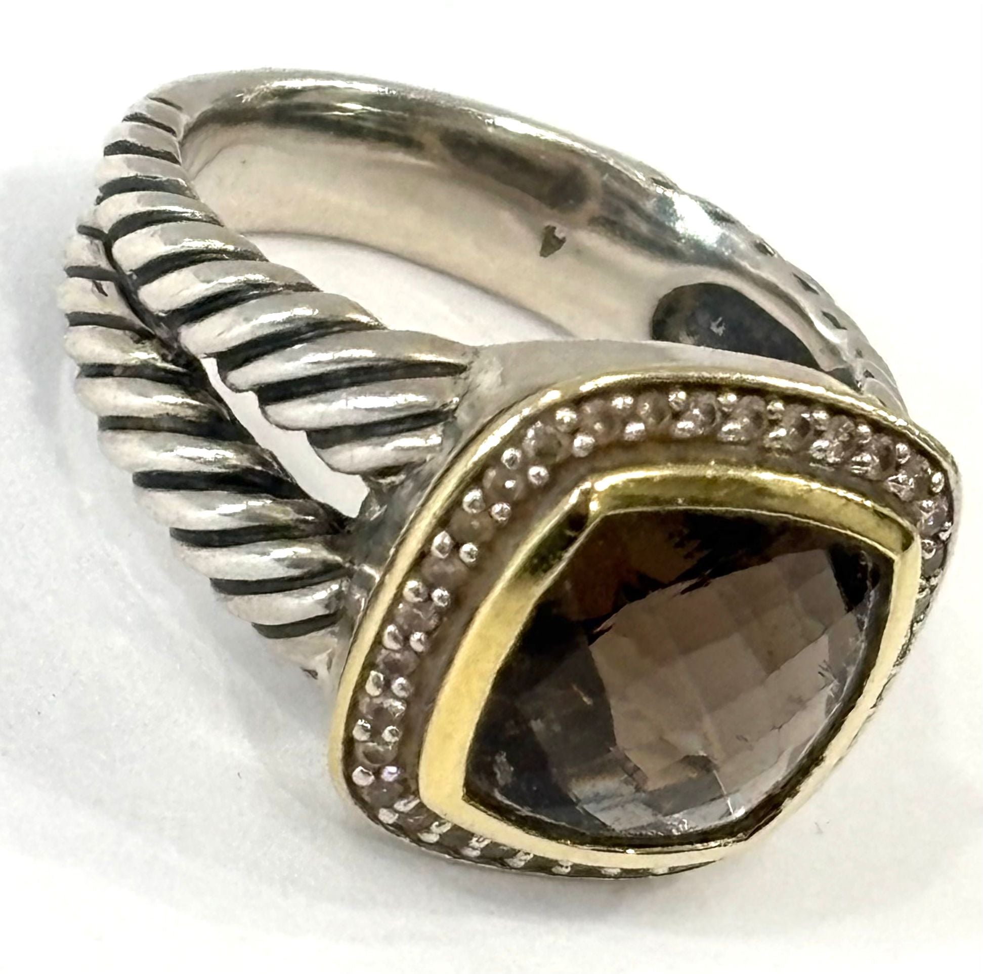 DY STERLING SILVER 18K GOLD SMOKY QUARTZ & DIAMOND ALBION RING