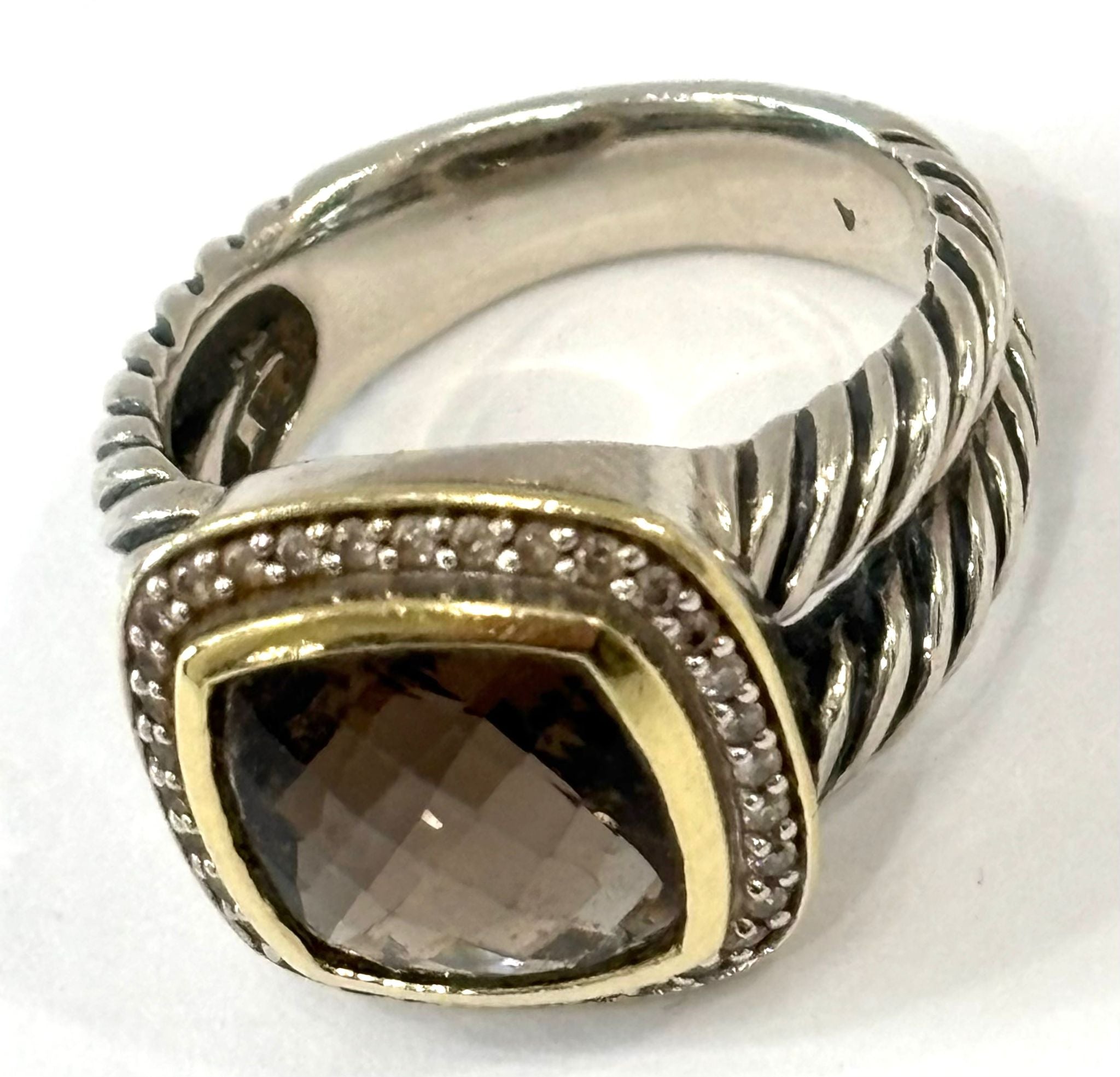 DY STERLING SILVER 18K GOLD SMOKY QUARTZ & DIAMOND ALBION RING