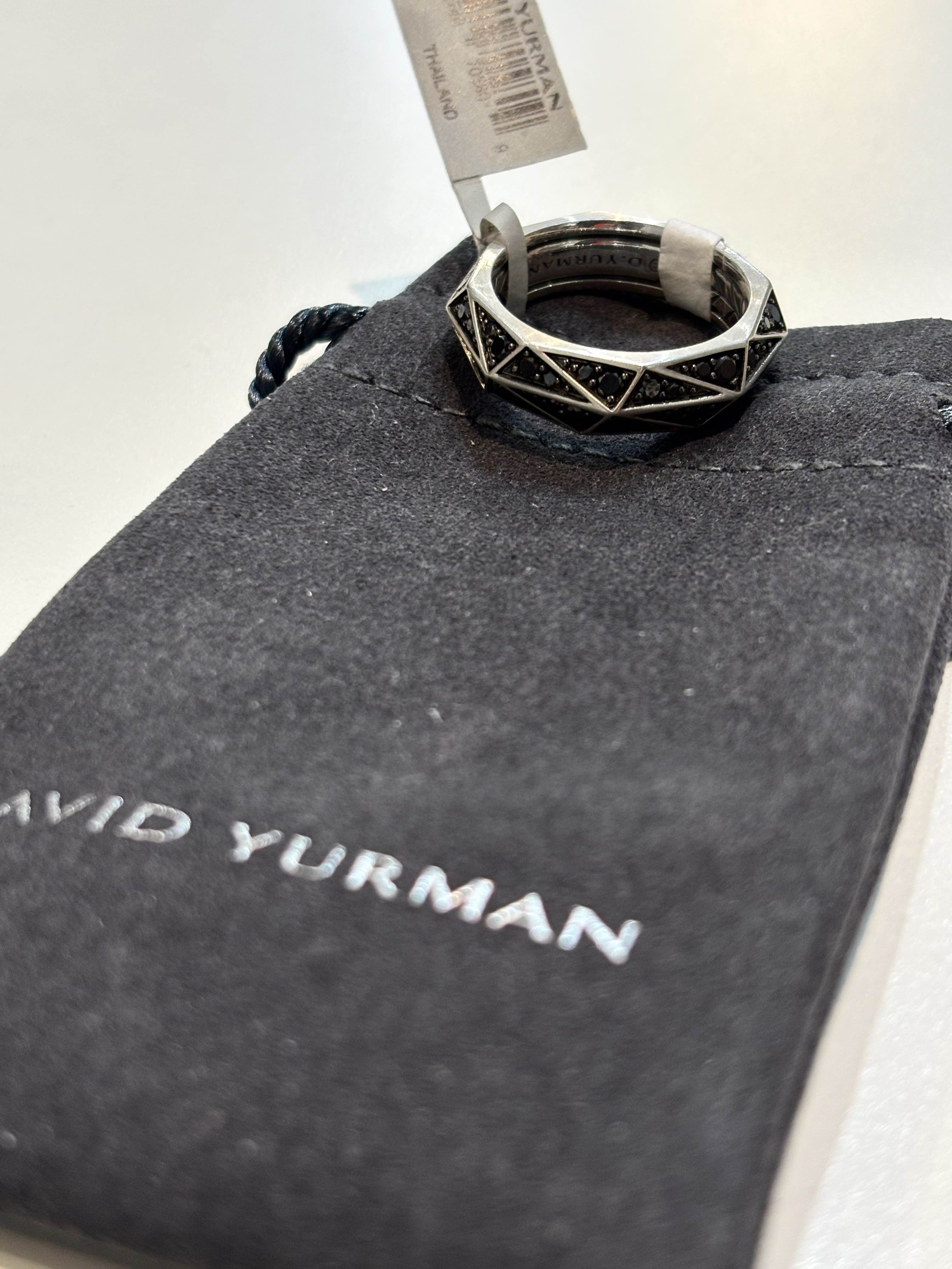 DAVID YURMAN TORQUED FACETED BAND RING IN STERLING SILVER WITH PAVE BLACK DIAMONDS
