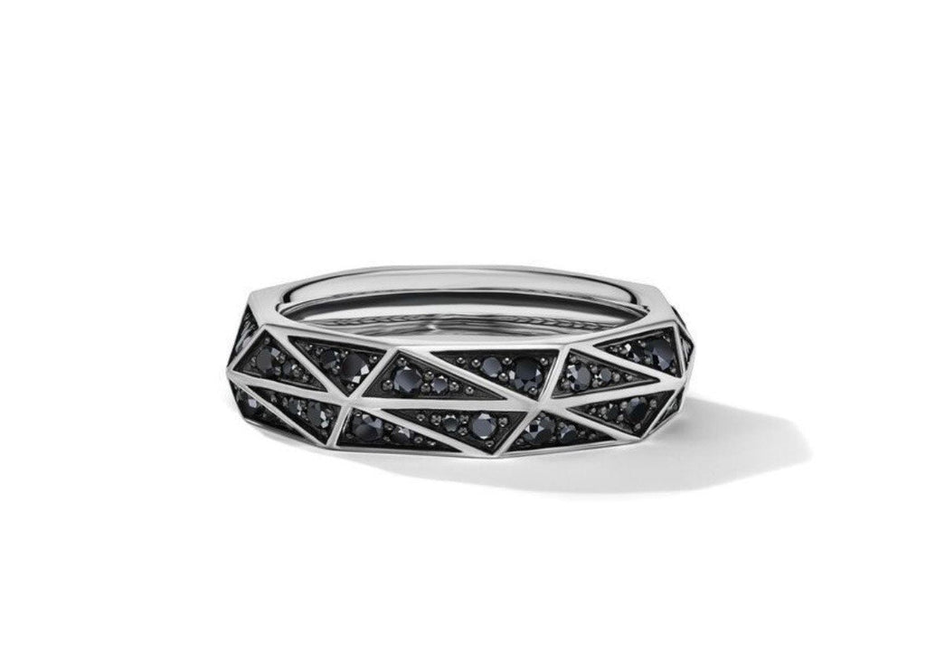 DAVID YURMAN TORQUED FACETED BAND RING IN STERLING SILVER WITH PAVE BLACK DIAMONDS