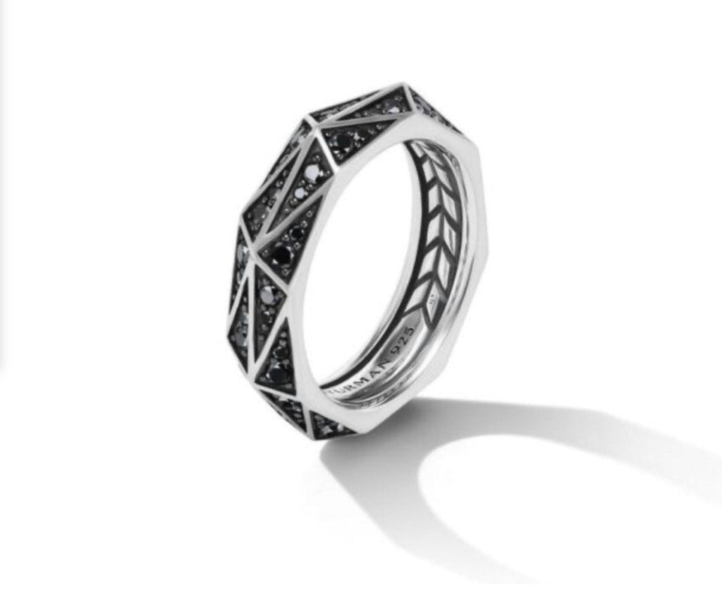 DAVID YURMAN TORQUED FACETED BAND RING IN STERLING SILVER WITH PAVE BLACK DIAMONDS