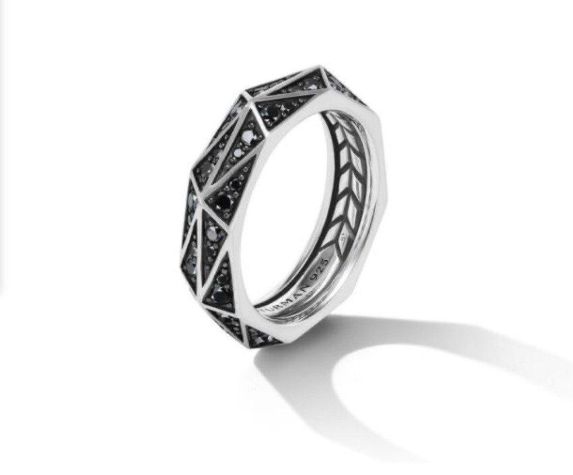 DAVID YURMAN TORQUED FACETED BAND RING IN STERLING SILVER WITH PAVE BLACK DIAMONDS