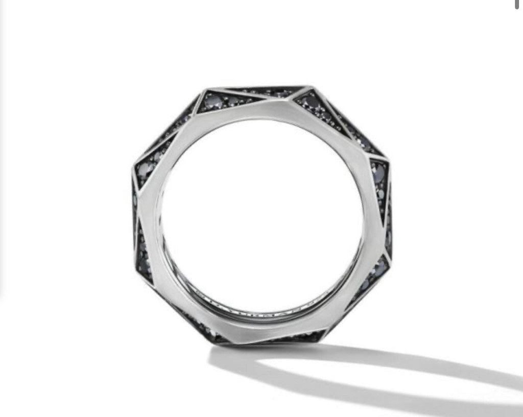 DAVID YURMAN TORQUED FACETED BAND RING IN STERLING SILVER WITH PAVE BLACK DIAMONDS