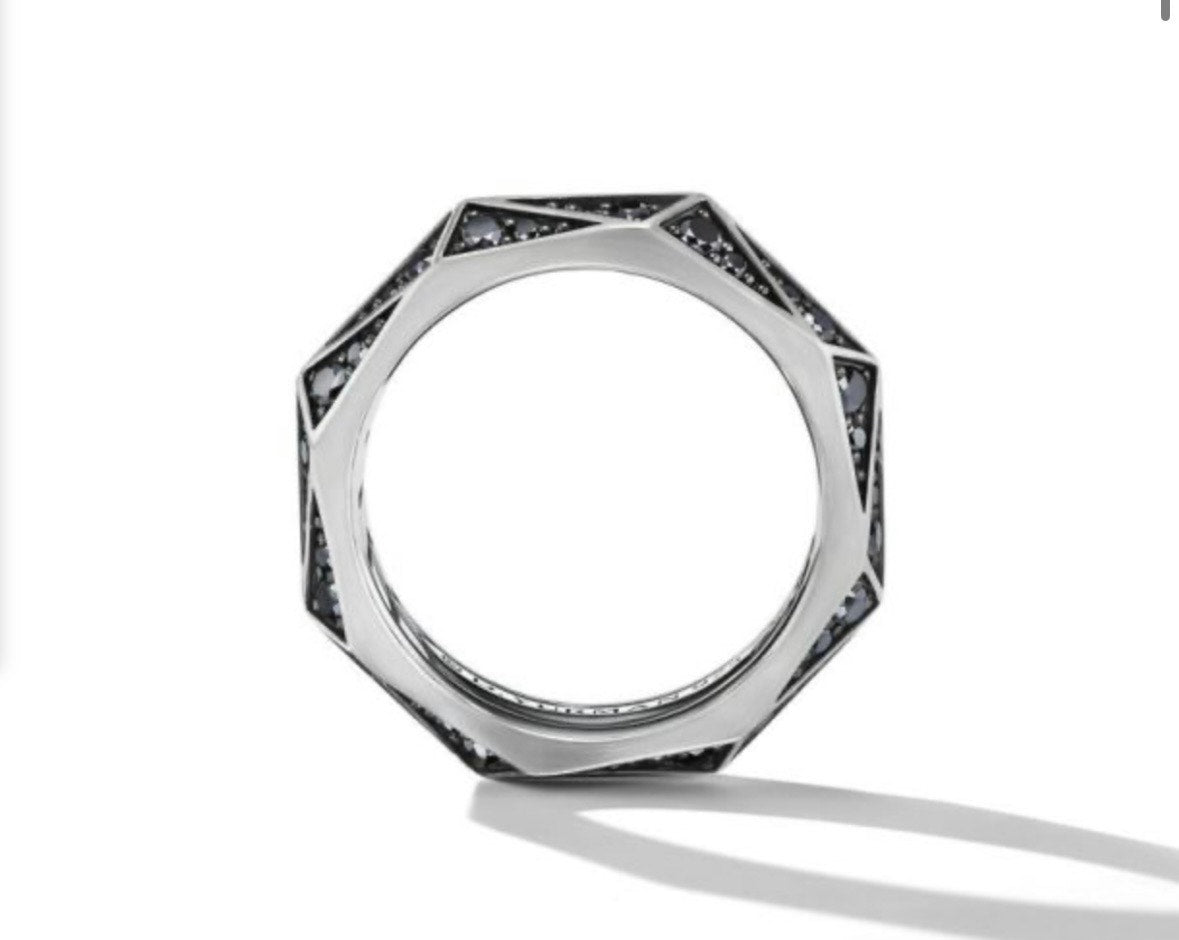DAVID YURMAN TORQUED FACETED BAND RING IN STERLING SILVER WITH PAVE BLACK DIAMONDS