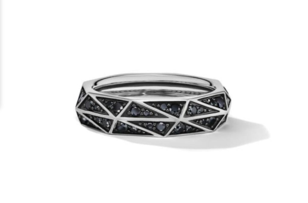 DAVID YURMAN TORQUED FACETED BAND RING IN STERLING SILVER WITH PAVE BLACK DIAMONDS