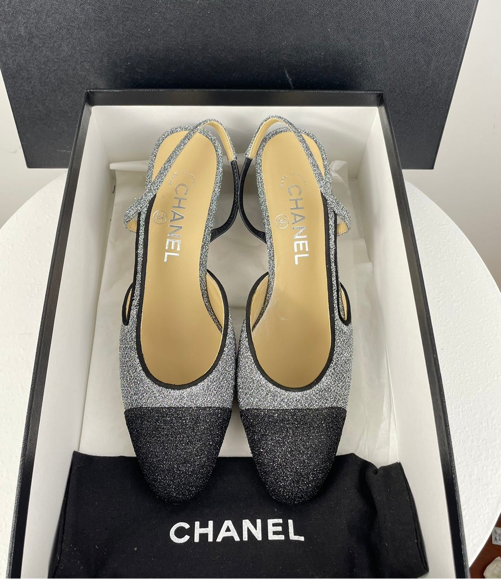 Chanel Glitter Slingback Pumps with CC Logo 37 Limited Edition