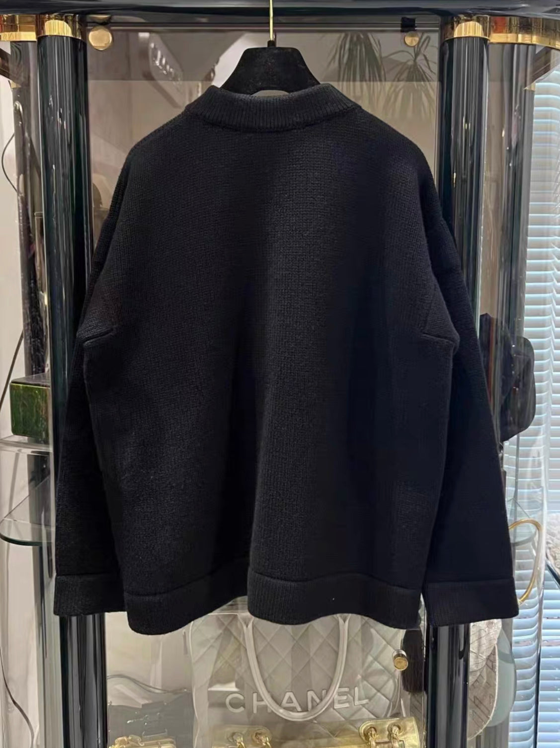 Chanel 22B multi-element cashmere igan, black with light gold metal buttons