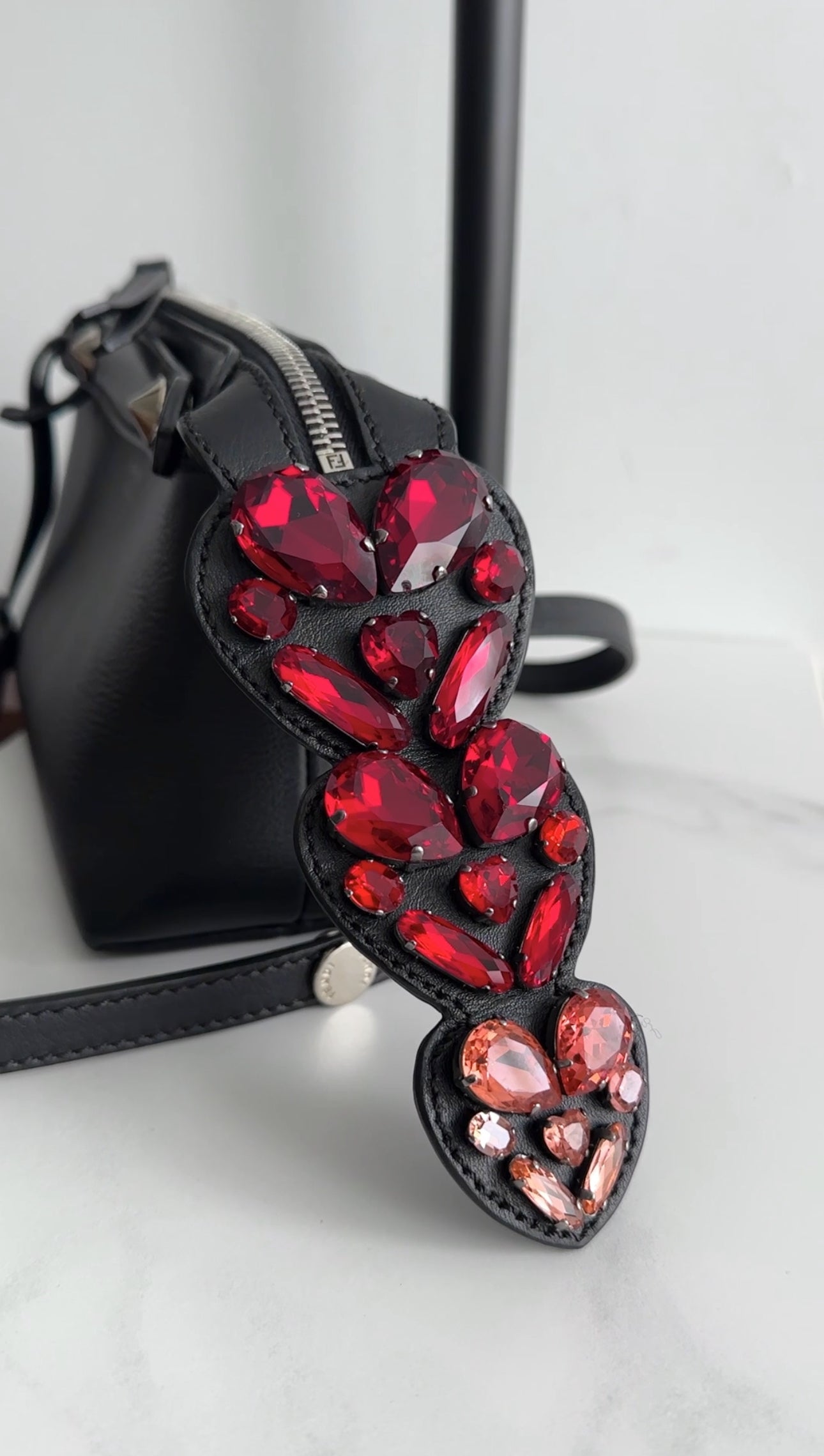 Fendi Black Leather Mini By The Way Red Crystal Crossbody Bag