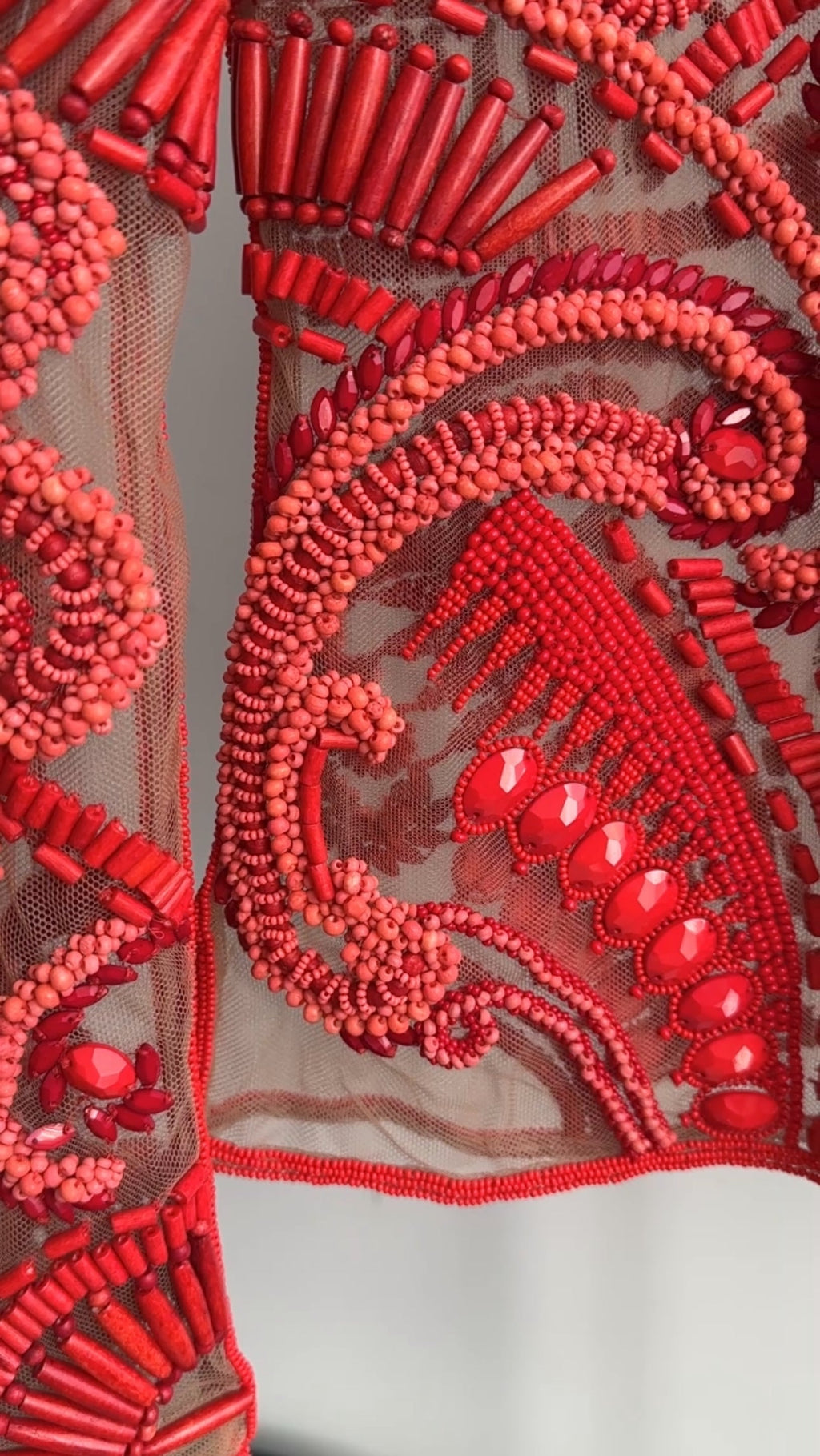 Balmain Red Glass and Wood Heavily Beaded Top - FR36 / S