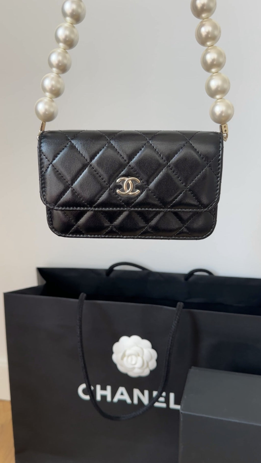Chanel Black Leather Mini Lambskin Maxi Pearls Clutch on Chain